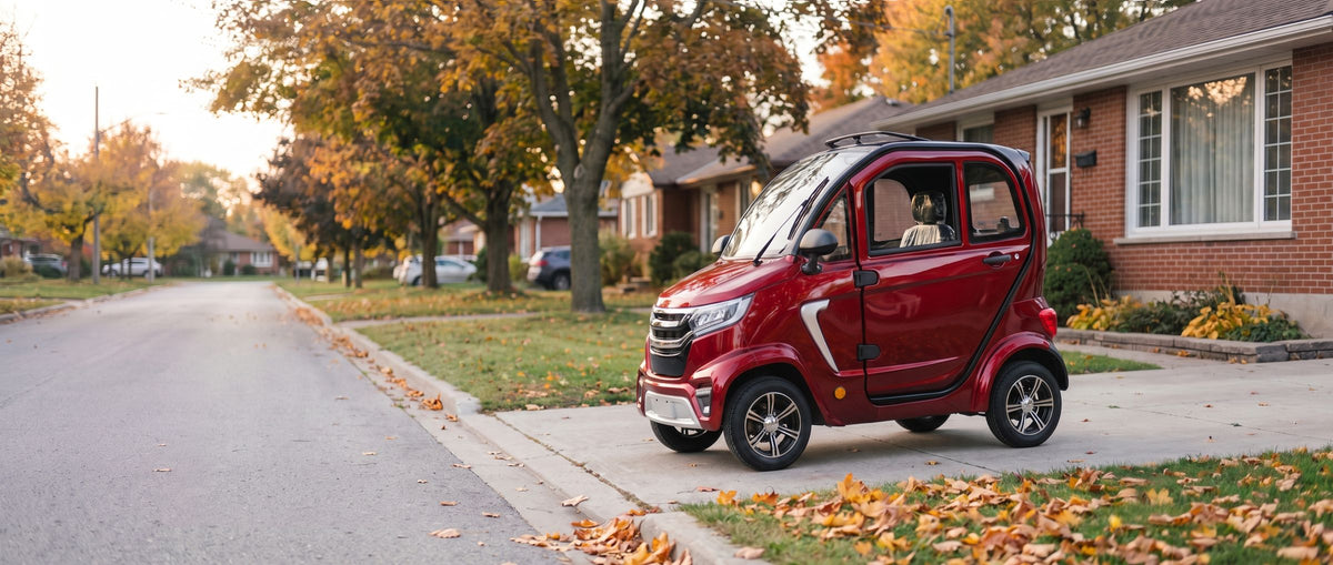 Eclipse EV Nova Lite 2 parked in a driveway on a tree-lined street in the fall